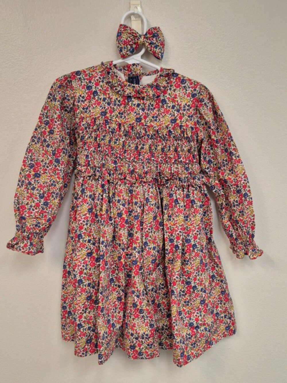 Red Liberty Smocked Floral Dress & Bow 4Y